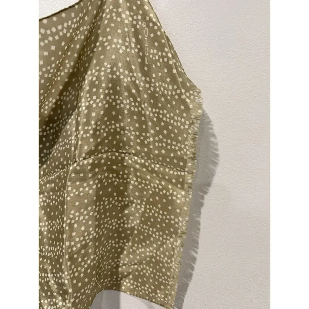 Vintage Echo Scarf Wrap 100% Silk Taupe Ivory Geometric Print Japan Indie Fringe